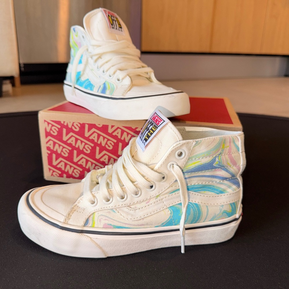 Vans Shoes Womens 5.5 White Blue Resin Swirl Marshmallow Sk8-Hi 138 Decon Canvas